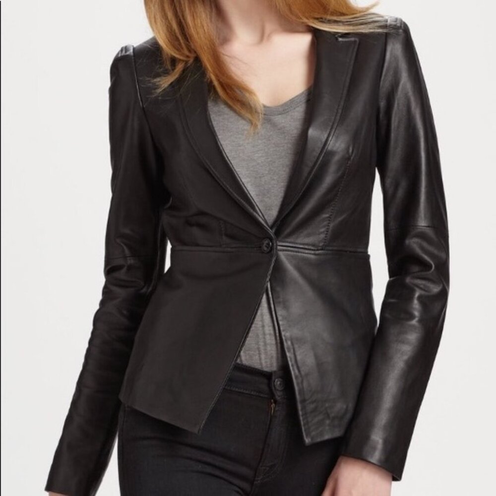 $795 Elizabeth and James Ziggy Black Leather Blazer Jacket Lambskin Size 6